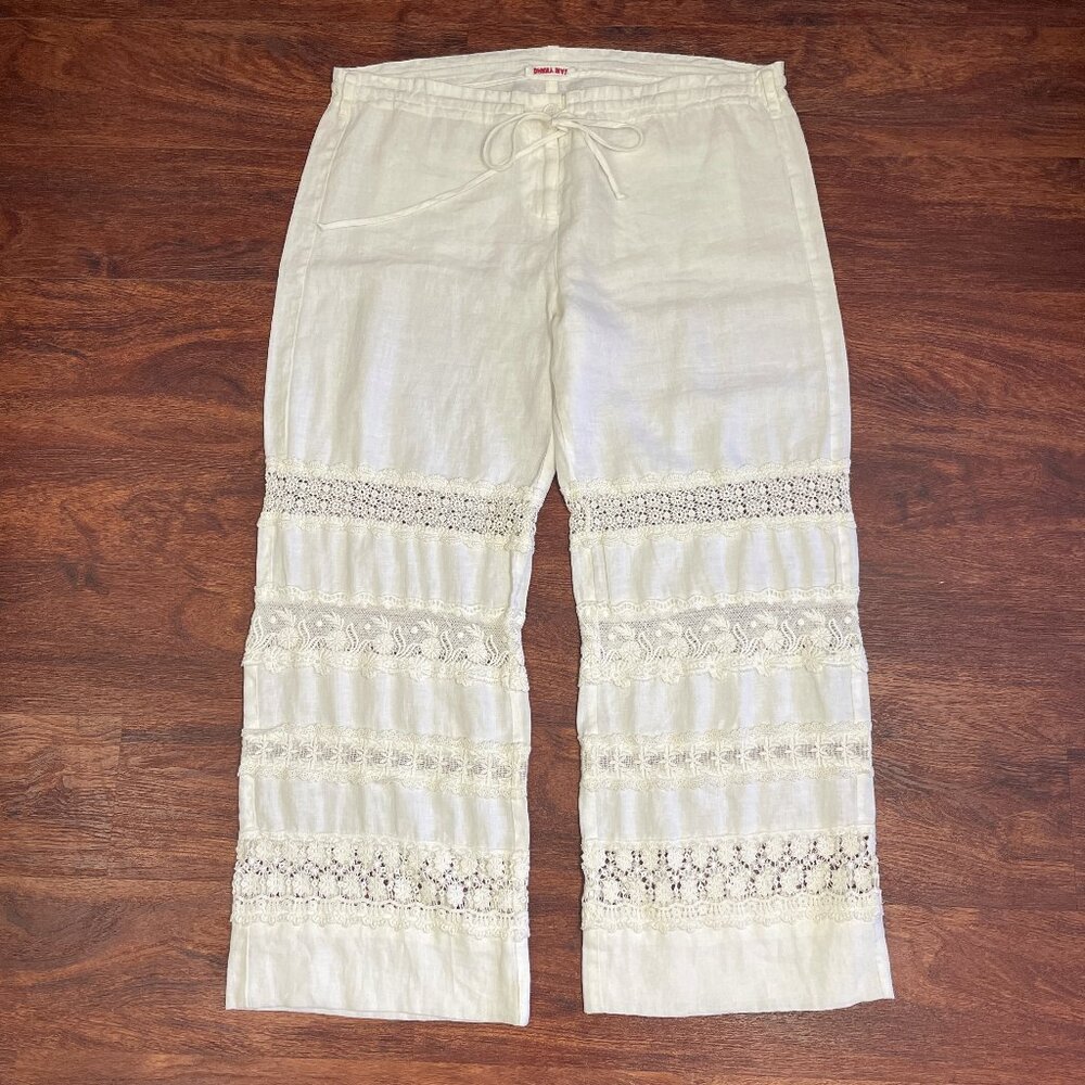 Johnny Was Pants Sz Large 100% Linen White Crochet Floral Lace Insets Semi-Sheer